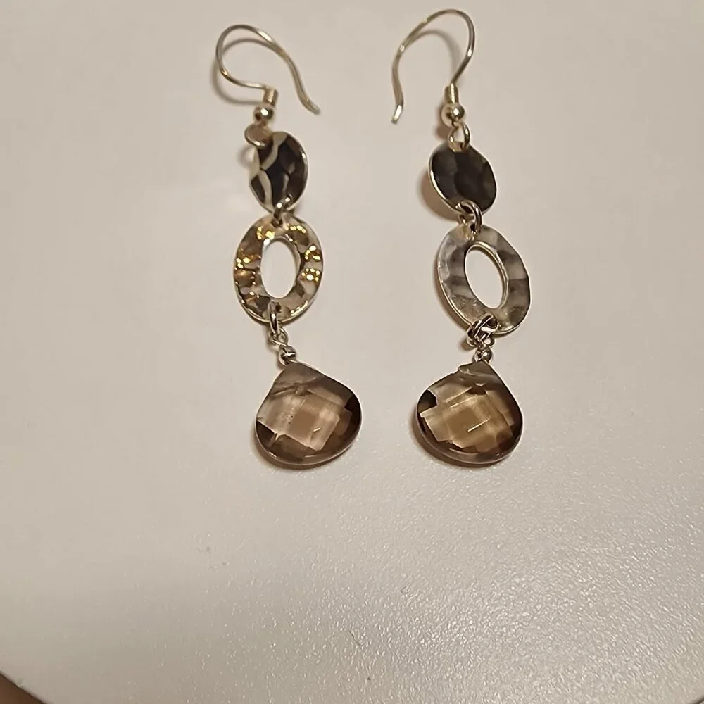 925 Silver Hammered Smokey Quartz Dangle Earrings